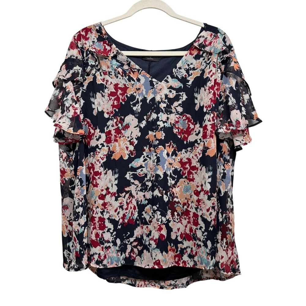 Lane Bryant Womens 18 Floral V-Neck Ruffle Short Sleeve Chiffon Blouse Navy Red